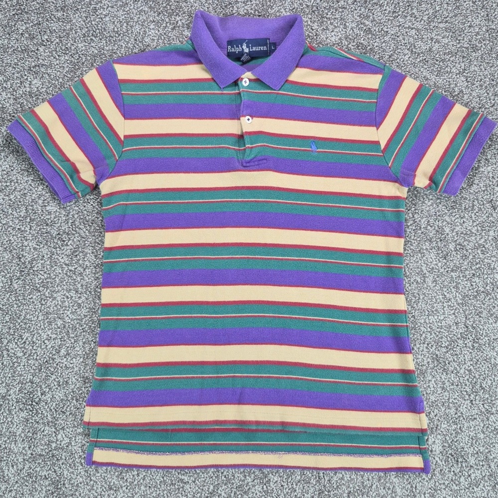 Vintage 90s Ralph Lauren Polo Shirt Womens Large Purple Striped Short Sleeve